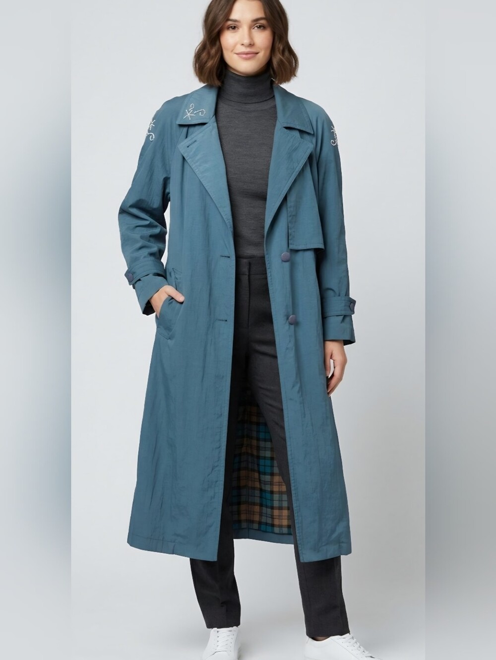 Vintage 80s 90s The Totes Coat Blue Teal Long Trench Raincoat Plaid Flannel